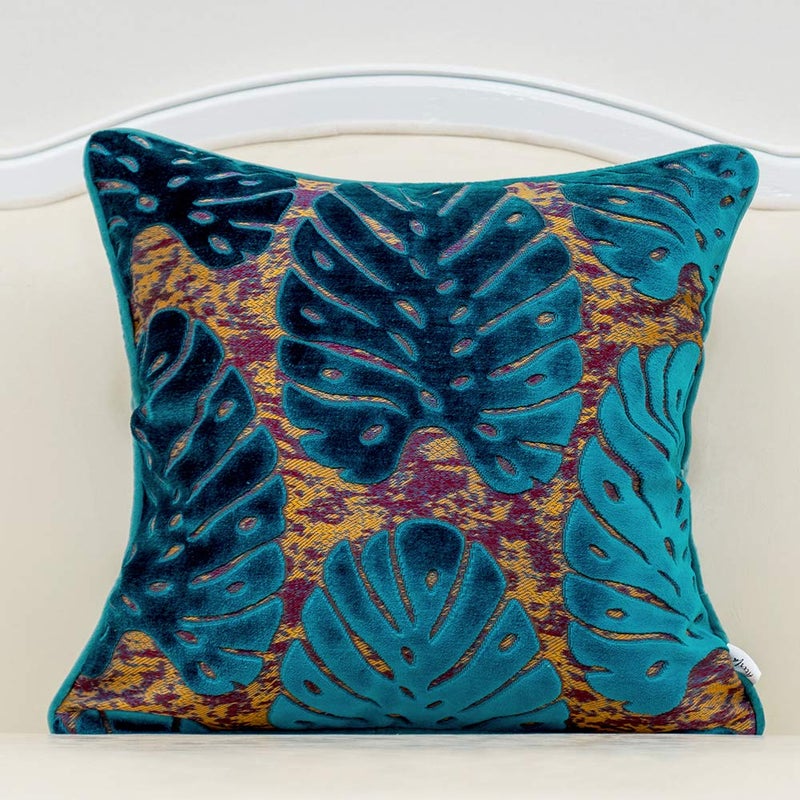 Alerfa 20 x 20 Inch Square Leaf Pillow Embroidery Cut Velvet Cushion Case Luxury Modern Lumbar Throw Pillow Cover Decorative Pillow for Couch Sofa Living Room Bedroom Car, Navy Blue - Image 1
